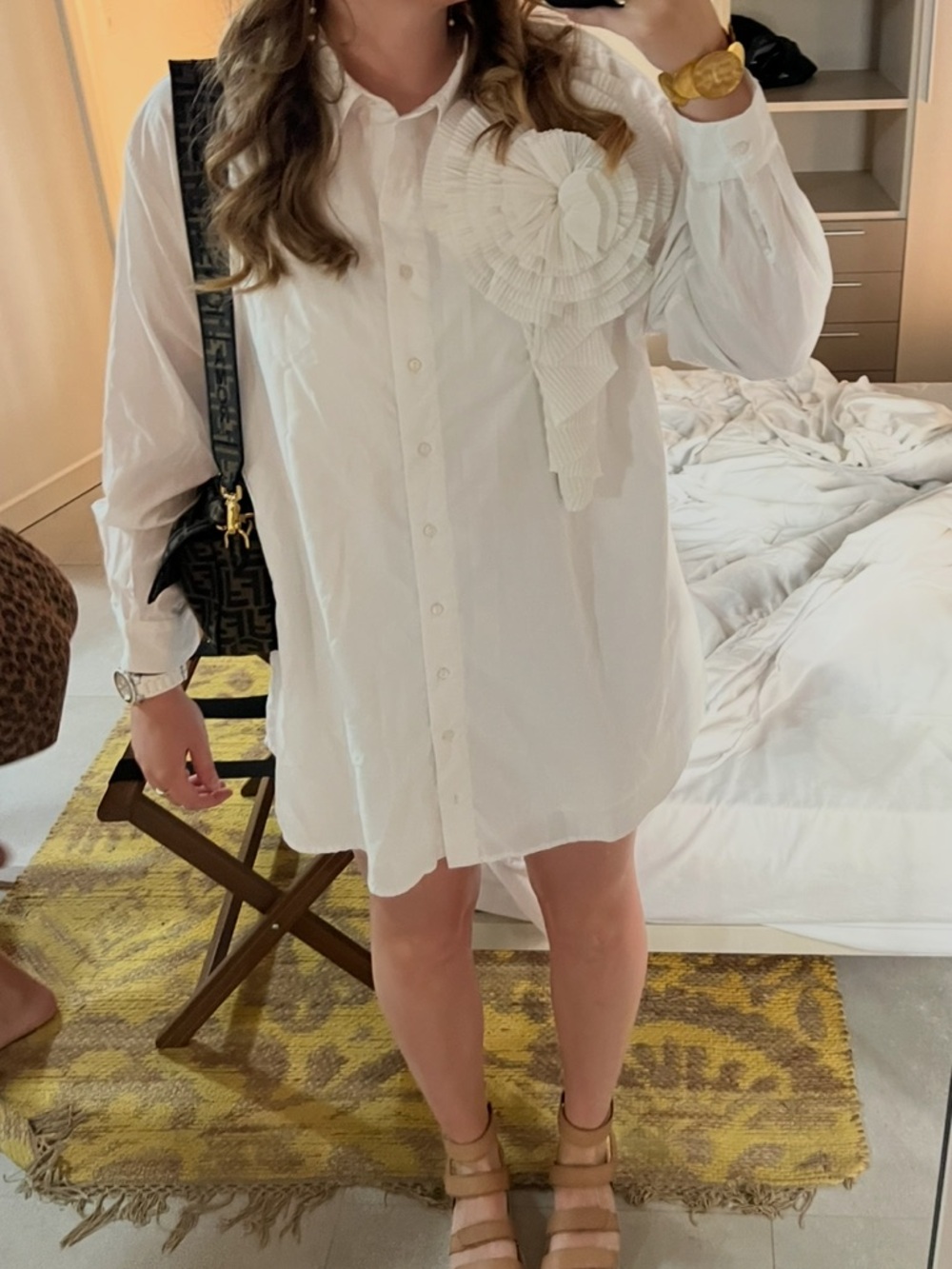 Anthropologie White Oversized Button-Down Shirt with Floral Appliqué - Picture 4 of 10